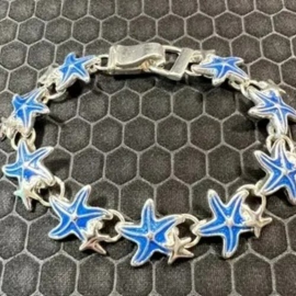 Star Fish and Baby Star Fish Bracelet Blue Silver 18K White Gold Plated